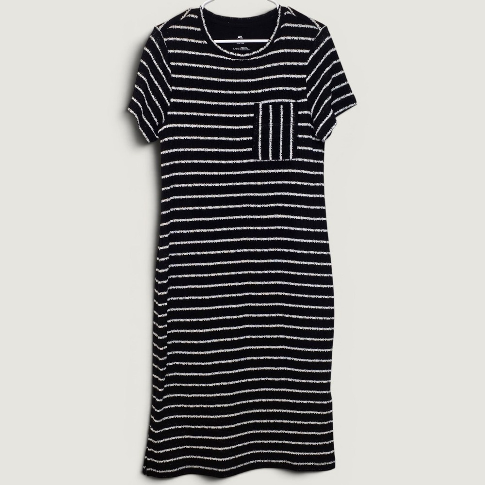 Andrew Marc Womens Striped Short Sleeve Pocket T-Shirt Dress Black White L